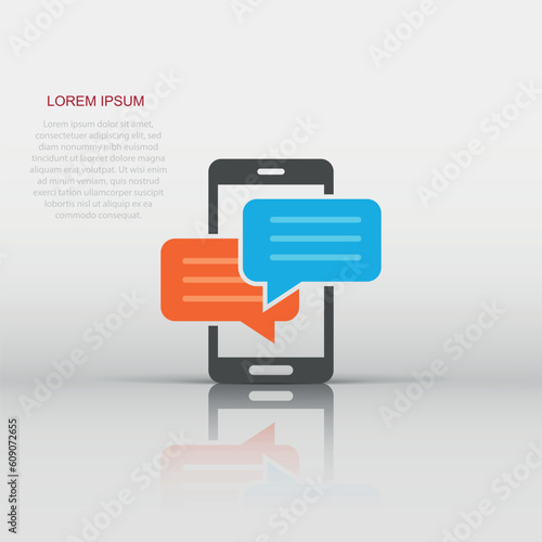 Mobile phone chat sign icon in flat style. Message notifications vector illustration on white isolated background. Smartphone text business concept.