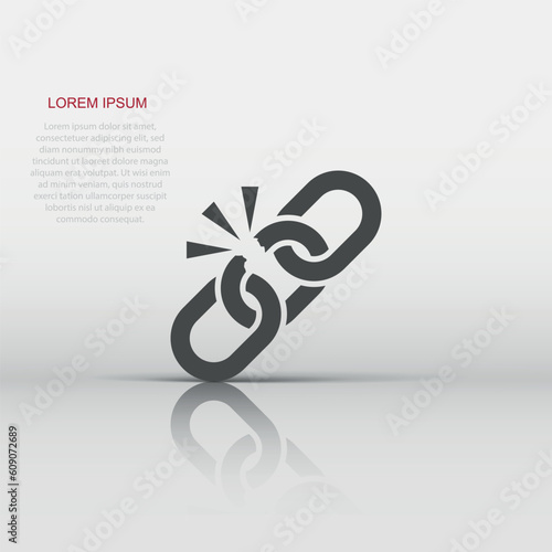 Broken chain sign icon in flat style. Disconnect link vector illustration on white isolated background. Detach business concept.