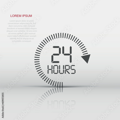 24 hours clock sign icon in flat style. Twenty four hour open vector illustration on white isolated background. Timetable business concept.