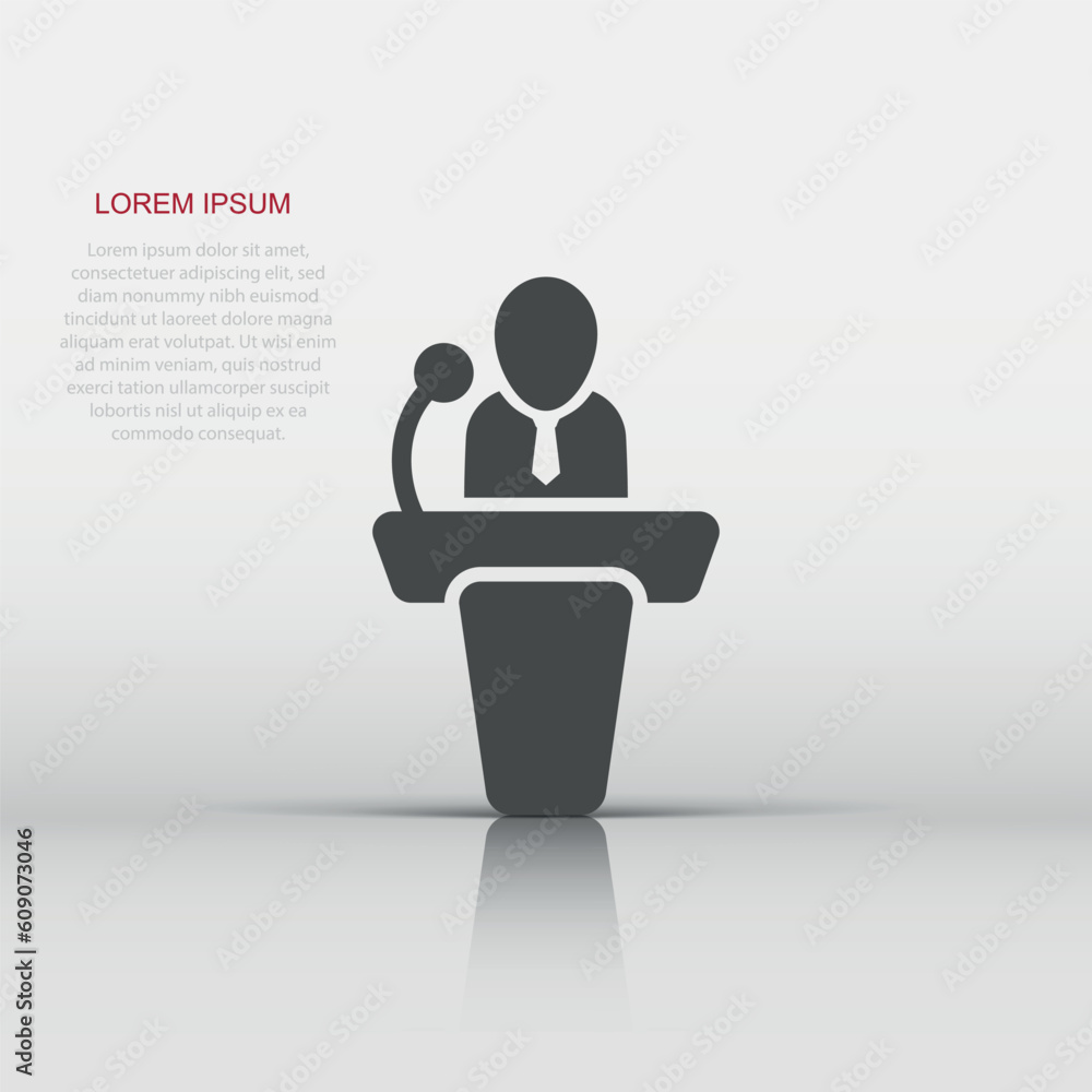 Public speach icon in flat style. Podium conference vector illustration on white isolated background. Tribune debate business concept. Public speach icon in flat style. Podium conference vector illustration on white isolated background. Tribune debate business concept.