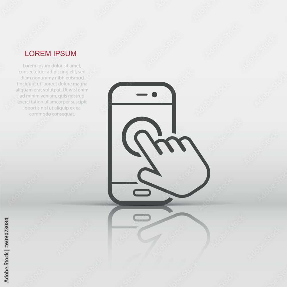Hand touch smartphone icon in flat style. Phone finger vector illustration on white isolated background. Cursor touchscreen business concept. Hand touch smartphone icon in flat style. Phone finger vector illustration on white isolated background. Cursor touchscreen business concept.