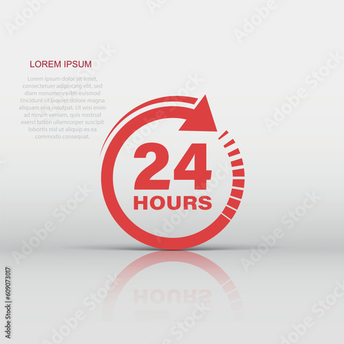 24 hours clock sign icon in flat style. Twenty four hour open vector illustration on white isolated background. Timetable business concept.