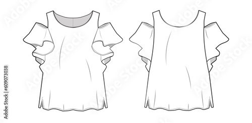 Women's short sleeve crew neck cold shoulder blouse with ruffle details  t shirt top blouse clothing flat sketch technical drawing template design vector