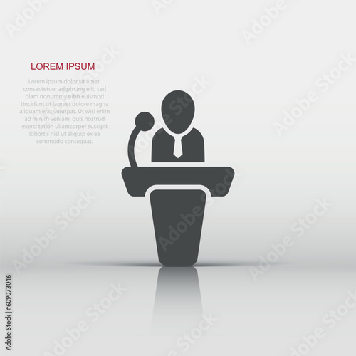 Public speach icon in flat style. Podium conference vector illustration on white isolated background. Tribune debate business concept.