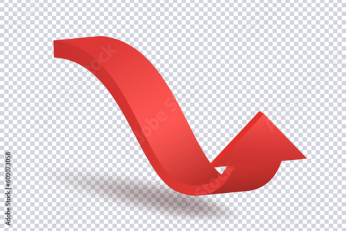 Abstract Curved Red Arrow. Market movements creative concept charts, infographics. Red curve arrow with shadow on transparent. Trading stock news impulses. Realistic 3d vector design of trend