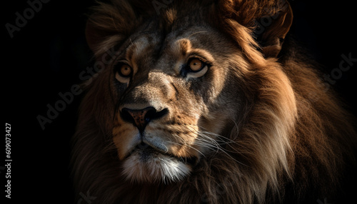 Majestic lion staring  strength in nature beauty generated by AI