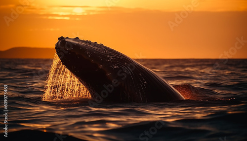 Humpback whale splashing in tranquil sunset waters generated by AI © Jeronimo Ramos
