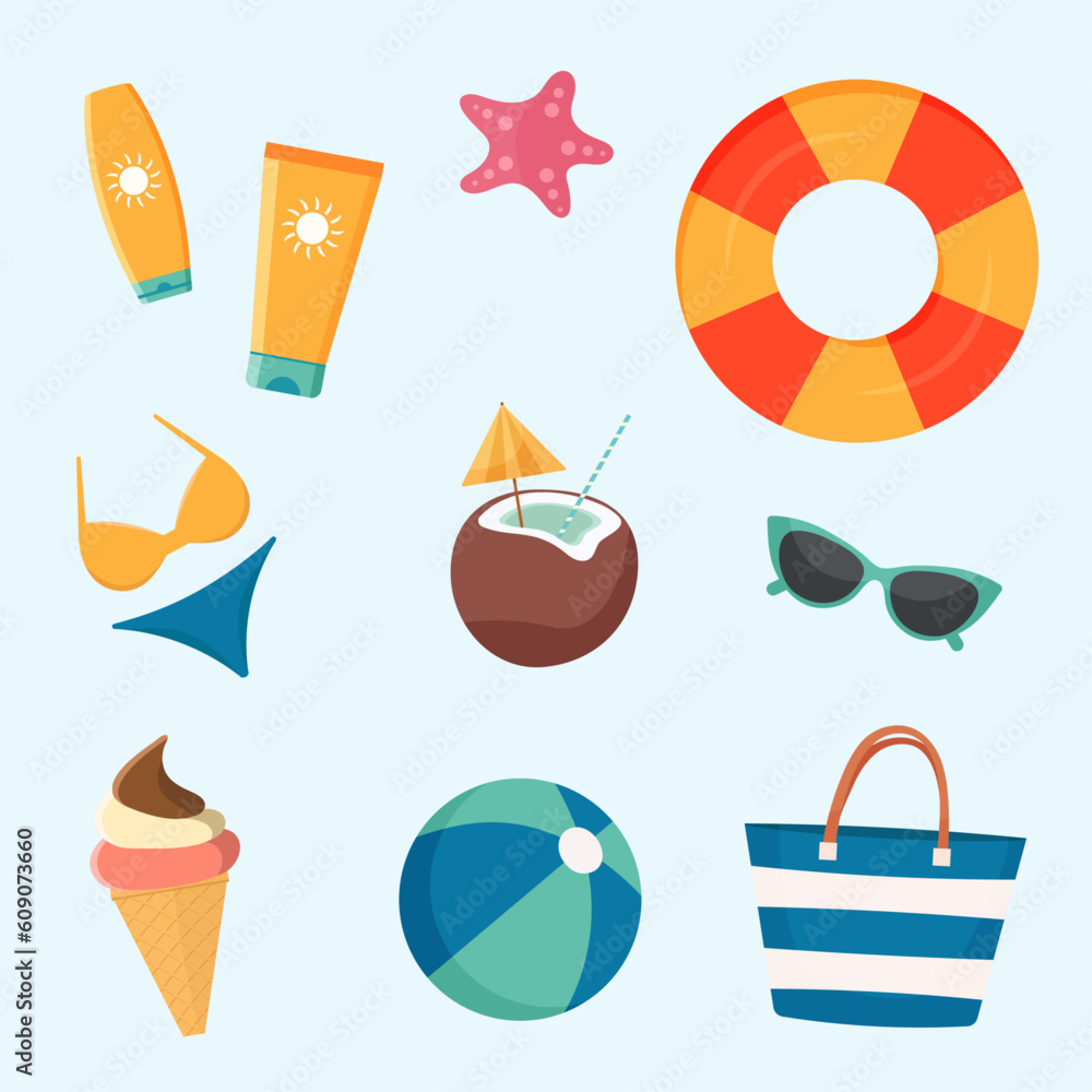 Summertime vacation set. Isolated elements and accessories. Flat vector illustration.
