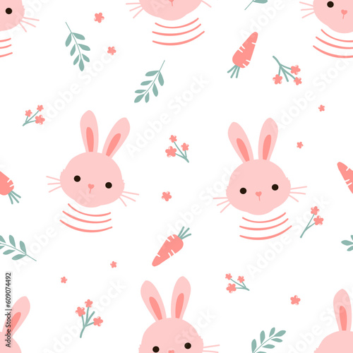 Easter seamless pattern with bunny rabbit cartoons  branch  cute flower and carrot on white background vector illustration.