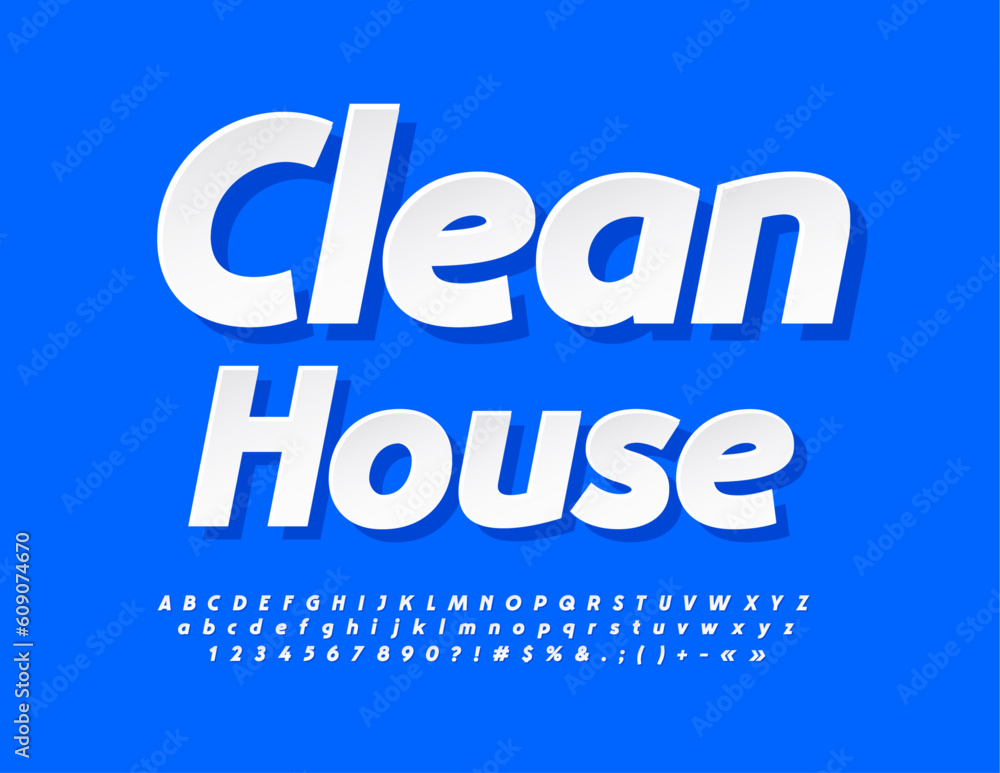 Vector bright Emblem Clean House. Modern creative Alphabet Letters, Numbers and Symbols set. White sticker Font Vector bright Emblem Clean House. Modern creative Alphabet Letters, Numbers and Symbols set. White sticker Font