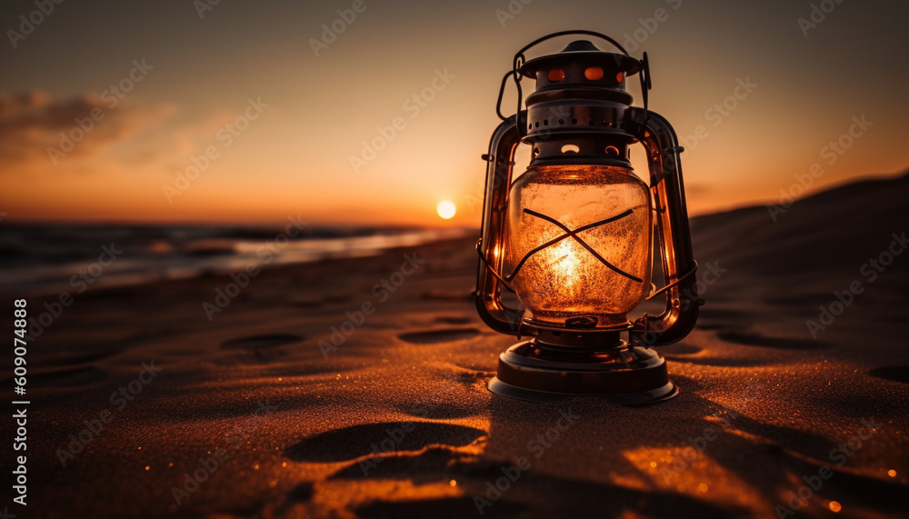 Glowing lantern illuminates tranquil coastline at dusk generated by AI