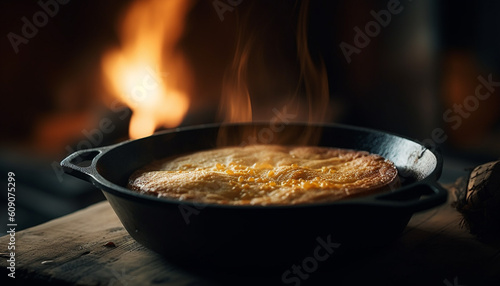 Healthy meal cooked on cast iron pan generated by AI