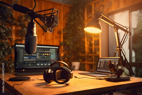 stock photo a podcast studio room microphone ultra realistic professional photography