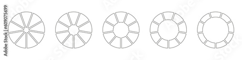 Wheels round divided in nine sections. Outline donut charts or pies segmented on 9 equal parts. Diagrams infographic set. Circle section graph line art. Pie chart icons. Geometric vector elements.