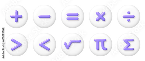 Math 3D icons set. Purple arithmetic plus, minus, equals, multiply and divide signs on white buttons. vector illustration.
