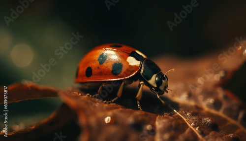 Spotted ladybug crawls on fresh green leaf generated by AI