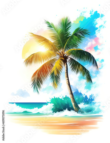 Palm tree on a tropical island with beach and sea waves  flat sticker illustration isolated on white  generative Ai.