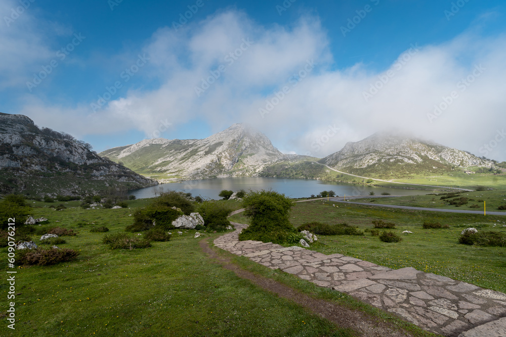Fototapeta premium Panoramic view of Enol lake in Covadonga. Picos de Europa National park. Asturias. Spain