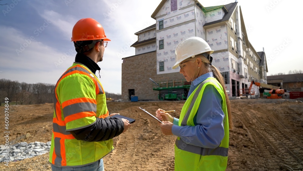 Mature woman engineer and construction foreman discuss the project at hand on the building site. Mature woman engineer and construction foreman discuss the project at hand on the building site.