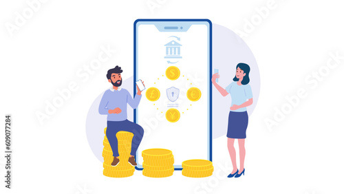 Internet banking and money transaction online concept. Mobile payments using smartphone. Flat vector illustration.