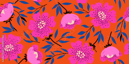 Hand drawn flowers, seamless patterns with floral for fabric, textiles, clothing, wrapping paper, cover, banner, interior decor, abstract backgrounds.