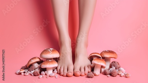 image with female bare legs, feet with mushrooms between fingers. health care. foot fungus. AI generative