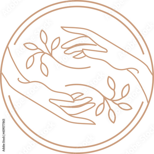 Vector abstract logo design template in trendy linear minimal style - hands and leaf - abstract symbol for cosmetics and packaging, jewellery, hand crafted or beauty products