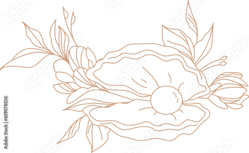 Shell with a pearl in flowers. Logo template in linear style. Esoteric illustration for astrologer, shop, beauty salon
