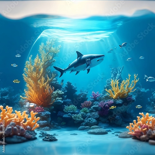 AI generate image of shark, coral reef with fish and coral