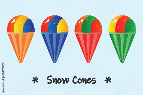 set of shaved ice on cones design vector flat isolated illustration