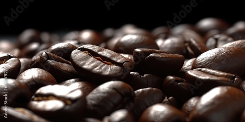 Coffee beans against dark background, invoking an aura of aroma and warmth. Generative AI