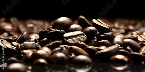 Coffee beans against dark background, invoking an aura of aroma and warmth. Generative AI
