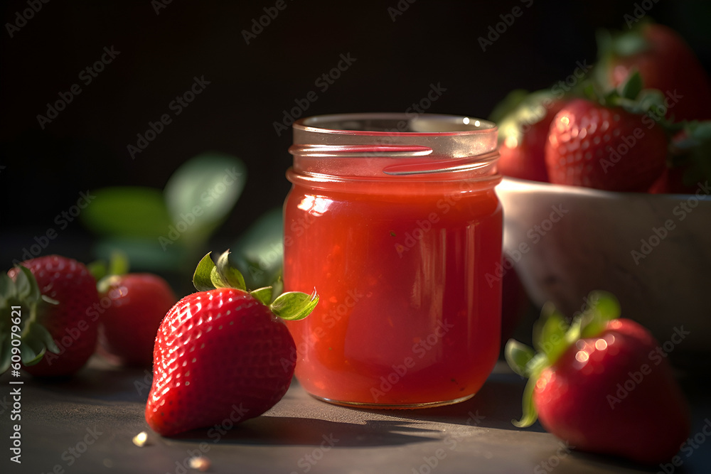 Homemade strawberry preserves or jam in a glass jar surrounded by fresh organic strawberries. AI generated Homemade strawberry preserves or jam in a glass jar surrounded by fresh organic strawberries. AI generated