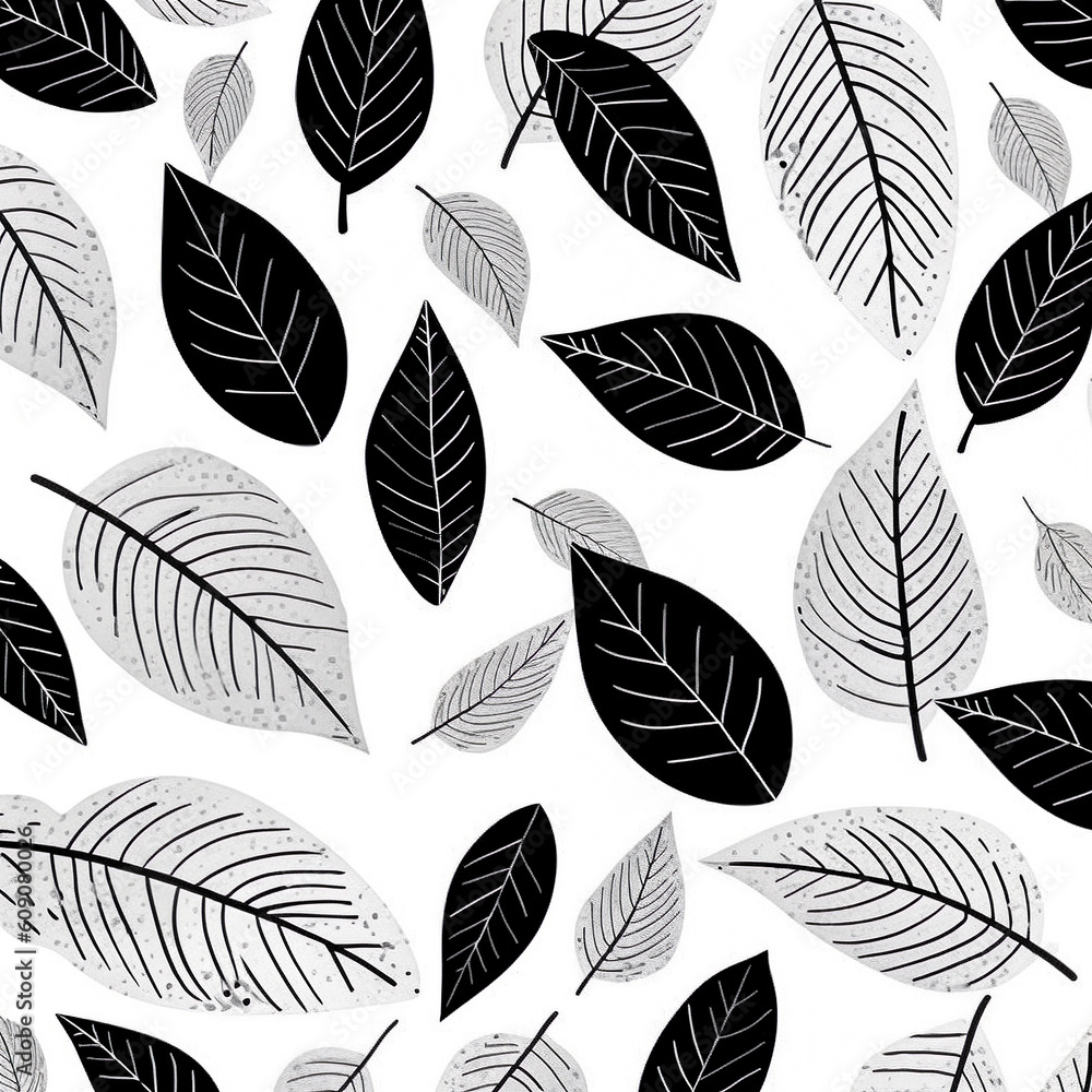 Illustrated minimal print Spring drawn leaves pattern on white background, illustration for decorative paper. Generative AI.