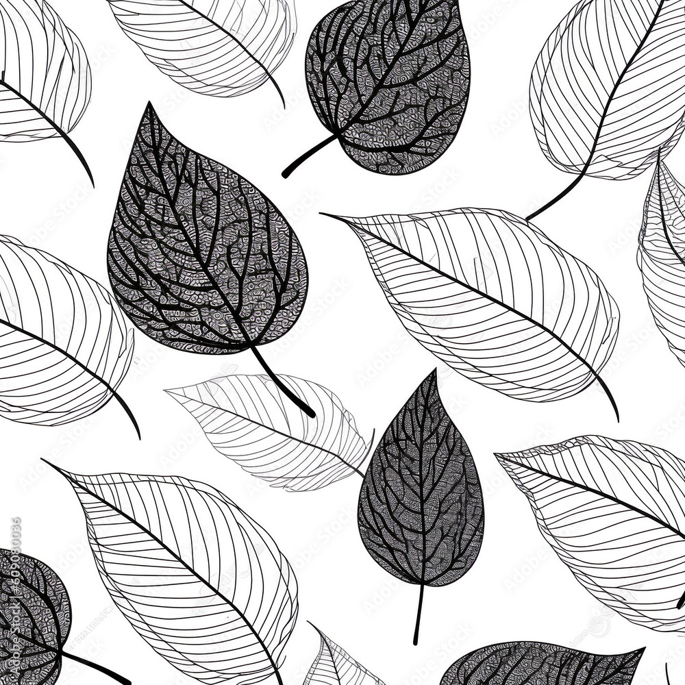 Illustrated minimal print Spring drawn leaves pattern on white background, illustration for decorative paper. Generative AI.