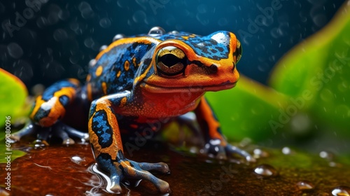 A clourful tiny frog on a leaf with waterdrops , ai, ai generative, illustration photo