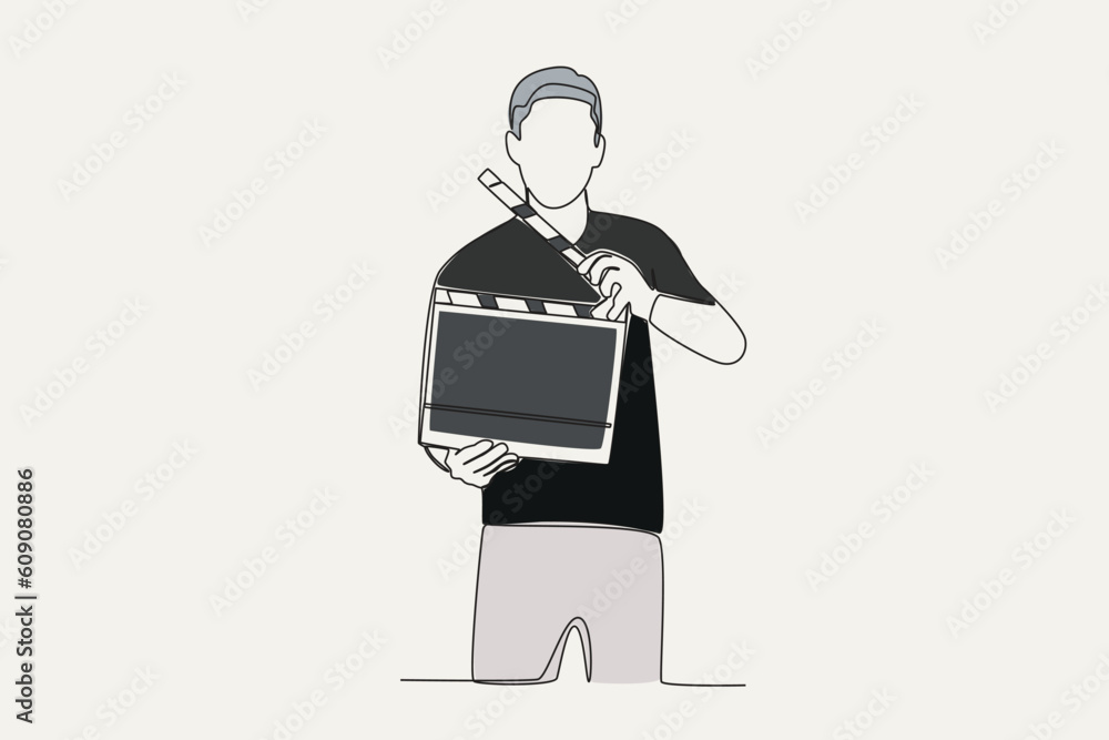 Color illustration of a man holding a clapper board. Director one-line drawing Color illustration of a man holding a clapper board. Director one-line drawing