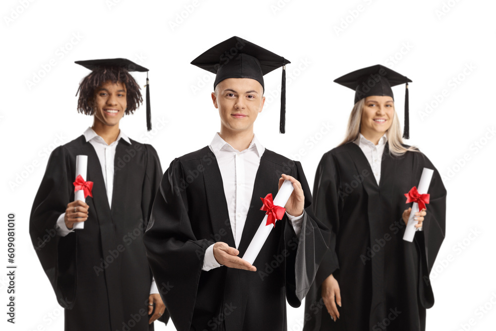 Happy graduate students holding certificates and smiling Happy graduate students holding certificates and smiling