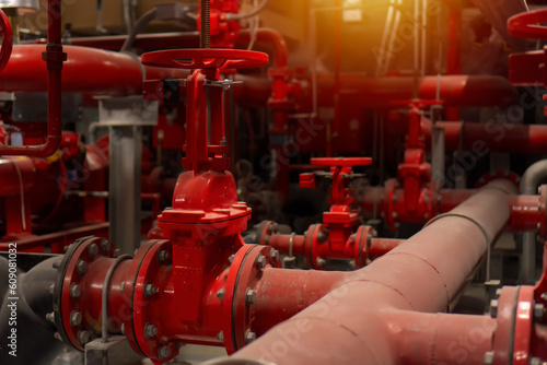 Fotografia, Obraz engine and valves. Gate Valve for fire protection in Plant room.