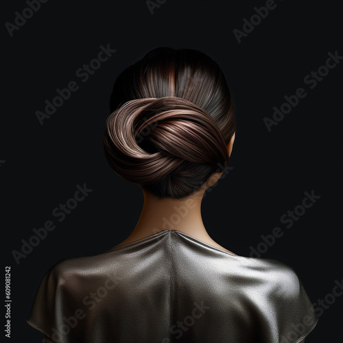 portrait of a woman seen a back view with brown long hair. generative ai