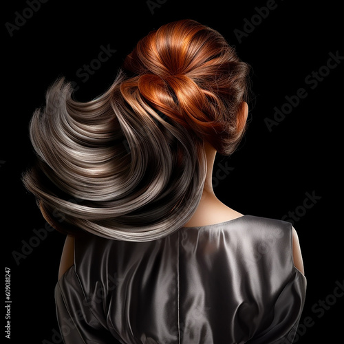 portrait of a woman seen a back view with brown long hair. generative ai