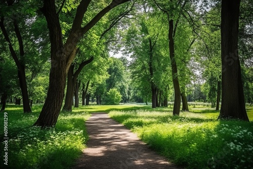 A path through a green park in summer. Created with Generative AI technology