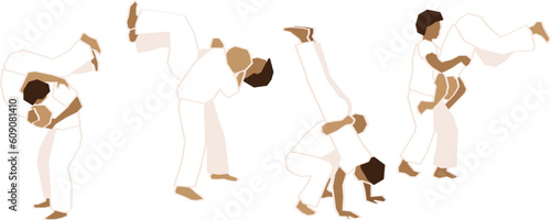 People doing martial art technics. Famous capoeira sequences, the cintura desprezada. Colorful vector illustration, men practicing immobilisation and acrobatic movements.