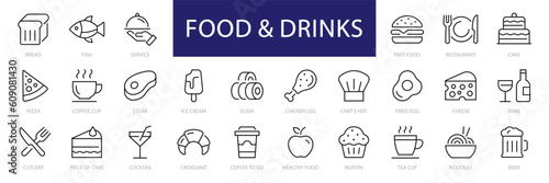 Food & Drinks thin line icons set. Food editable stroke icon. Meat, Fish, Pizza, Fast Food, Coffee, Restaurant, Eatery, Cake, Healthy food, Bread, Tea icon. Vector