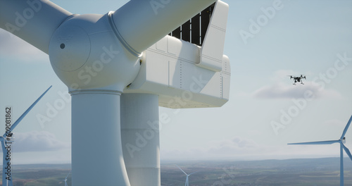 Fototapeta AERIAL Industrial drone flying near wind turbine, gathering video data for inspe