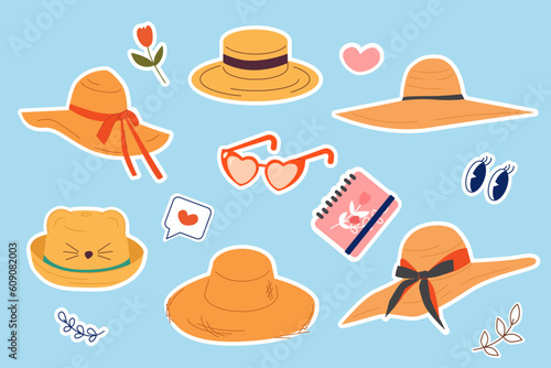 Summer set of elements. Straw hats with bows, glasses, flowers, notepad, like. A set of flat vector elements. A network of summer stickers for social networks. Tourism and travel. Cute illustration