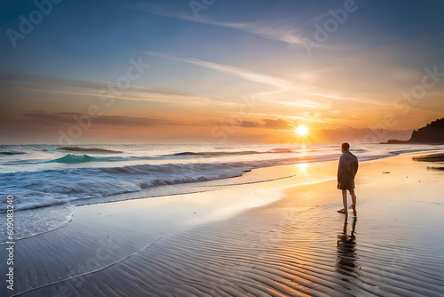 A serene coastal scene at sunset, a long stretch of sandy beach lined with seashells and gentle waves lapping the shore, a solitary figure standing at the water's edge