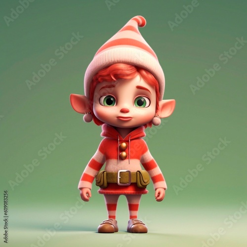 Christmas fairy tale character elf 3d illustration. Magic fairytale elf print for clothes, stationery, books. Toy Elf 3D character banner, background. Christmas and New Year. Santa's helper.