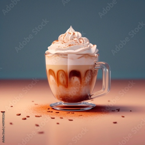 Delicious coppuccino in a glass cup vector illustration. Hot coffee banner. Coffee with milk and cream illustration. Coffee drink. Generative ai. photo