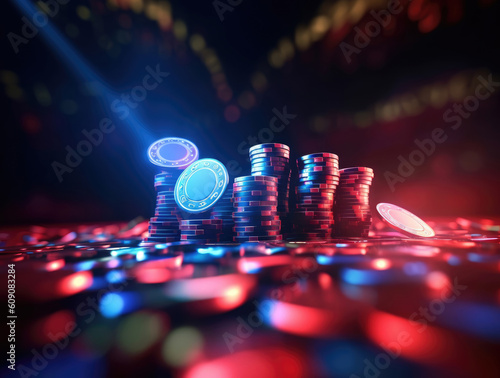 Red blue casino chips in neon shades